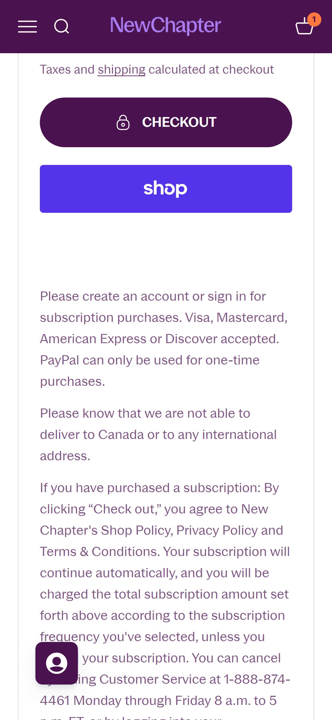 New Chapter — Cart (lock icon + payment icons near checkout)