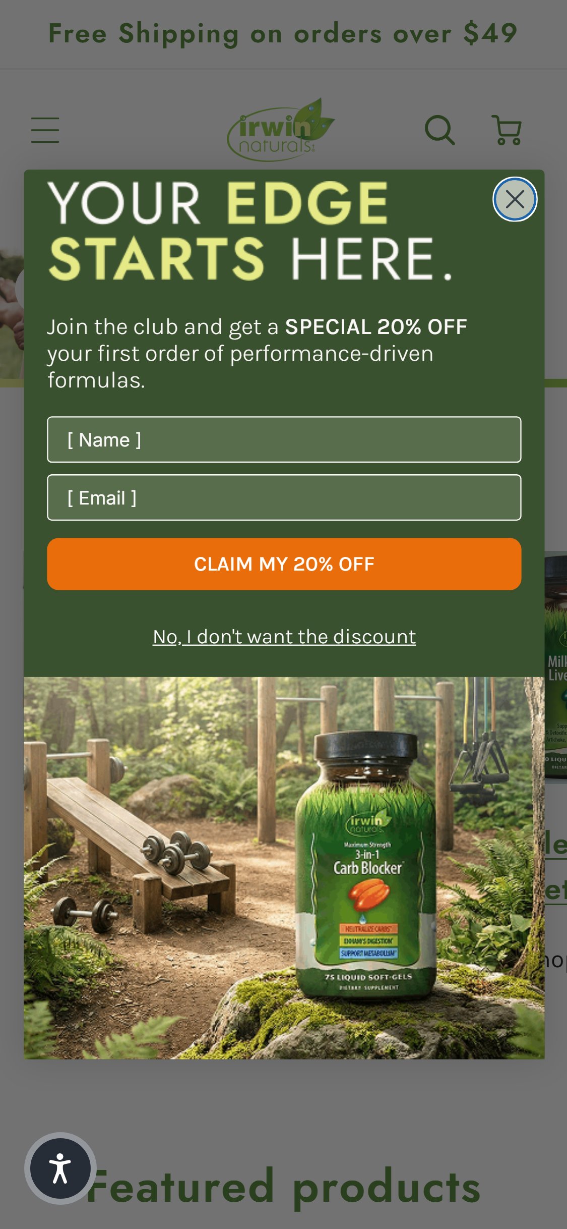 Irwin Naturals — Mobile (popup fires at ~5s)