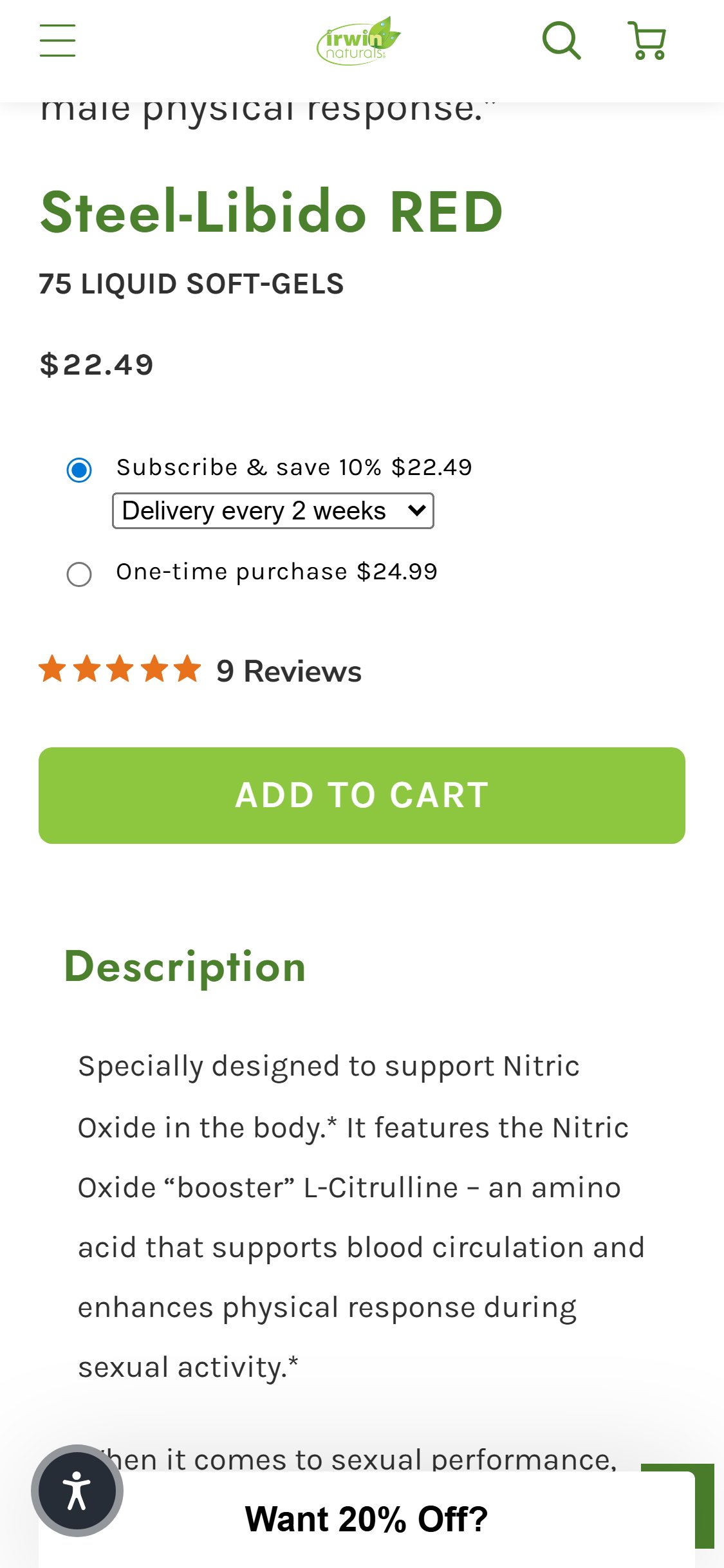 Irwin Naturals — PDP ATC area (no Buy Now button)