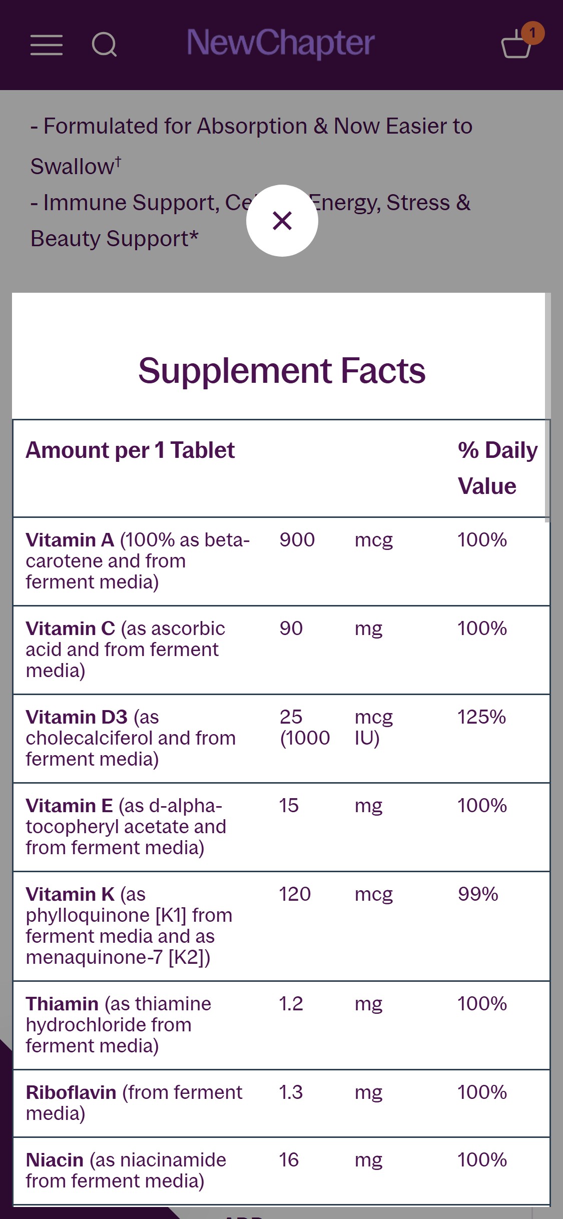New Chapter — PDP (supplement facts tab open)